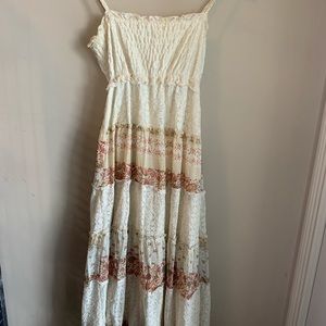 Large Tan Paisley printed Hudson Honey Lace Maxi Boho Dress 50in long from strap